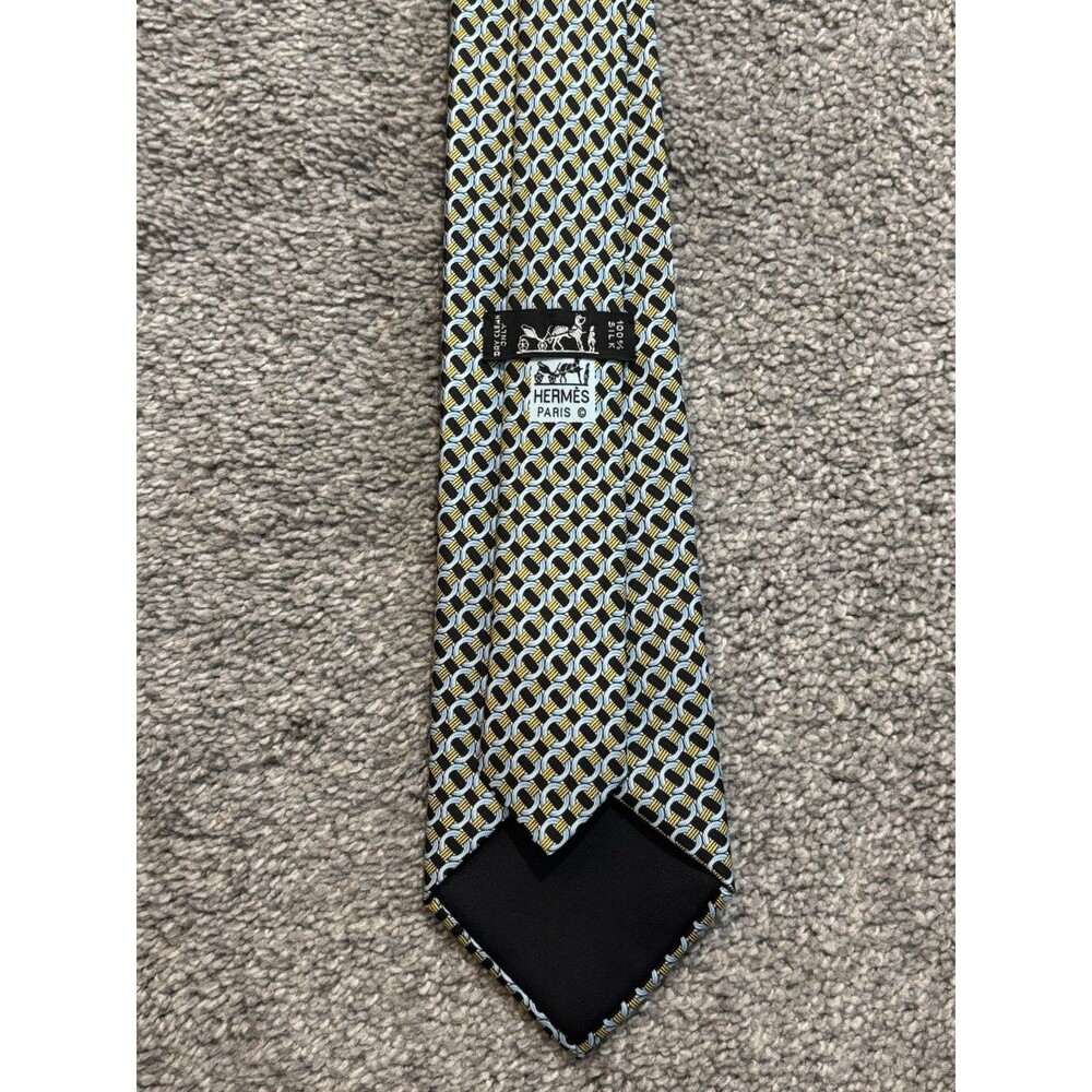 Hermes Silk Tie Yellow Blue Geometric Pattern 7760 - Picture 5 of 5
